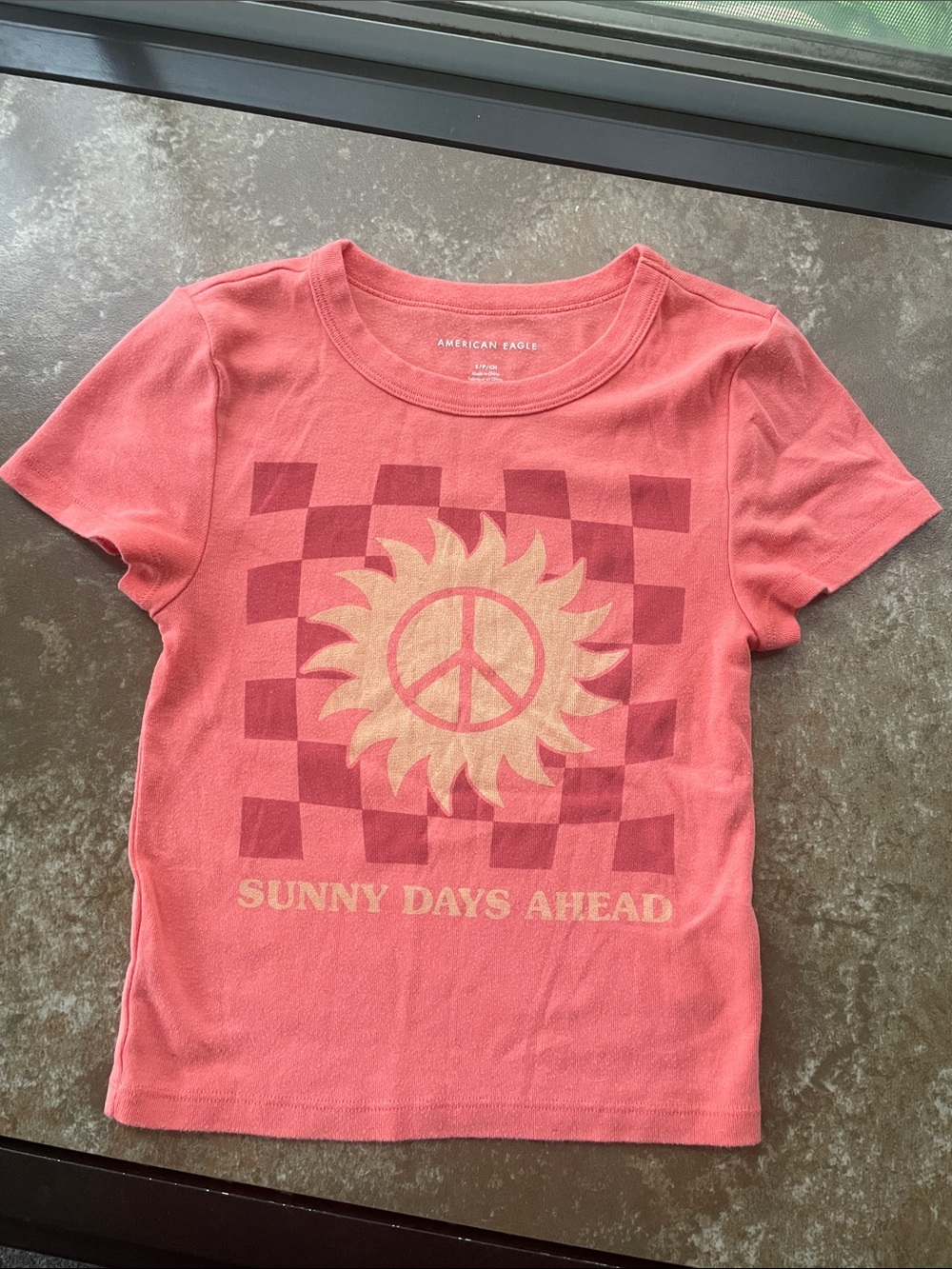 American Eagle Outfitters Coral Graphic Tee with Sun Peace Logo Small
